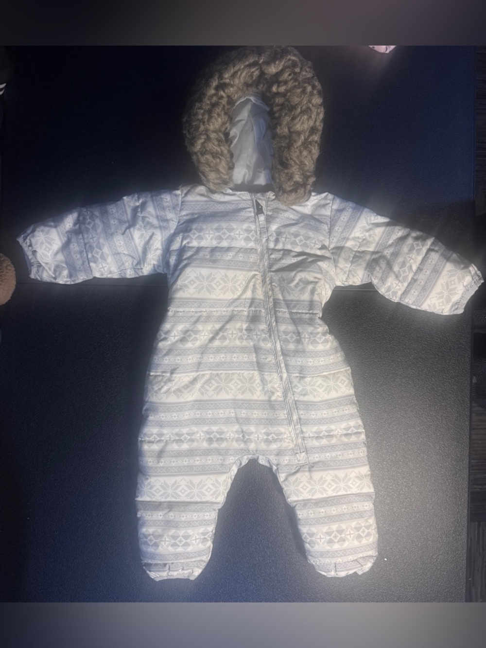 Lands' End White and Light Gray Infant Snowsuit with Patterned Trim